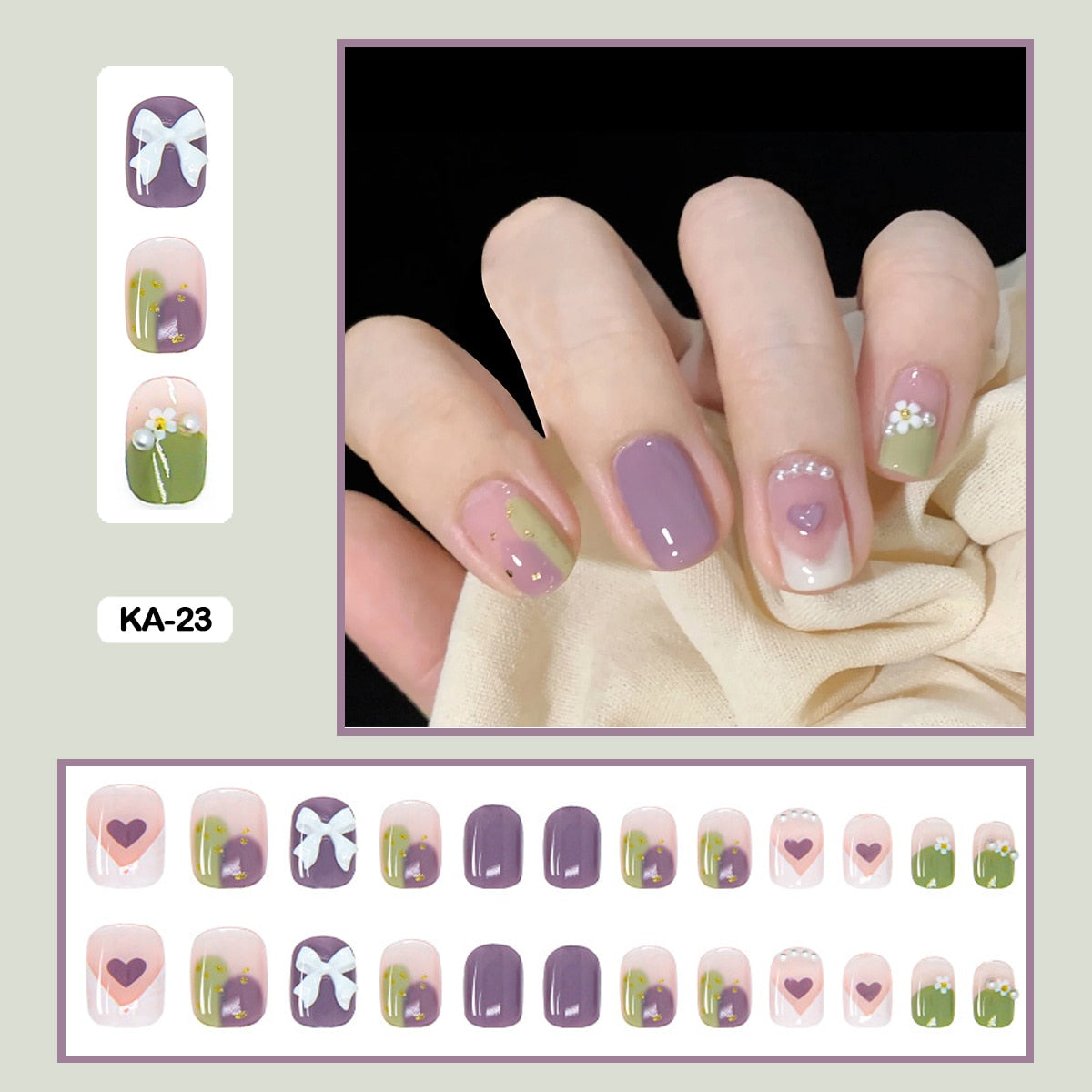 24pcs/box Press On False Nails Cute Nail Art Wearable Fake Nails Heart Tips With Glue and Sticker With Wearing Tools As Gift