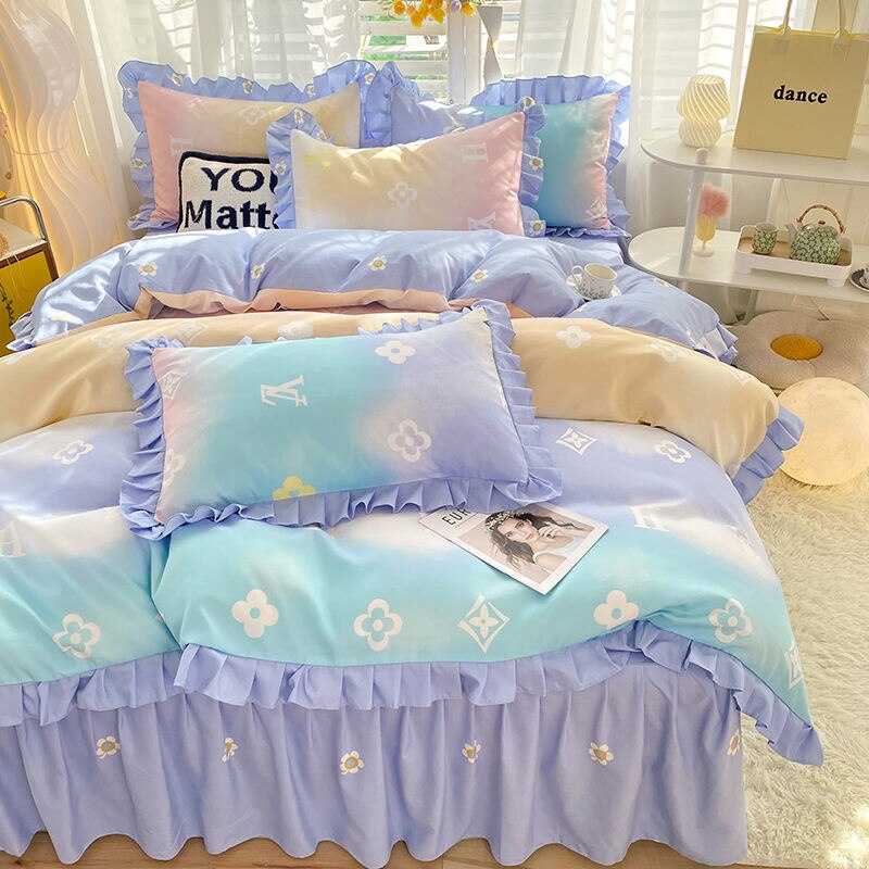 Girls Flowers Bedding Set Korean Princess Lace Ruffle Bed Skirt Quilt Cover Floral Duvet Cover Decor Home Simple Bedclothes