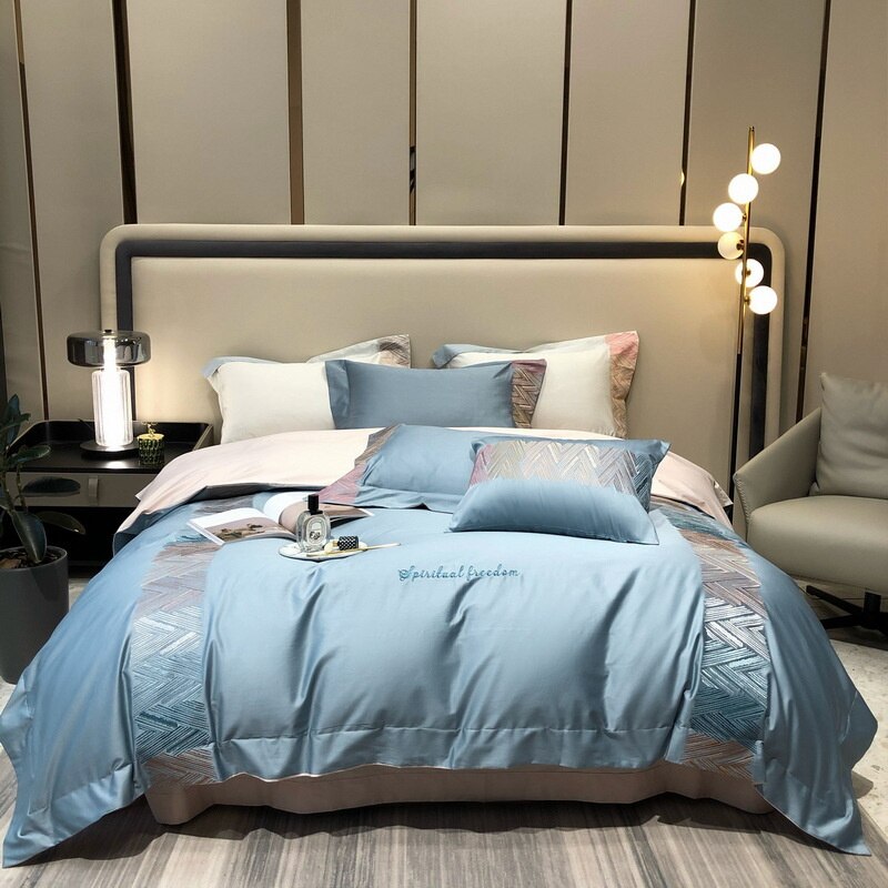 High End 100s Long Staple Cotton Bedding Set Queen Embroidery 100% Cotton Duvet Cover Set with Bed Sheets Quilt Cover Pillowcase