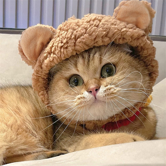 Qfdian Pet Outfits Cute Bear Shaped Hat for Cat Christmas Protective Pet Dogs Cosplay Head Wear York Solid Color Winter Kitten Costume Accessories