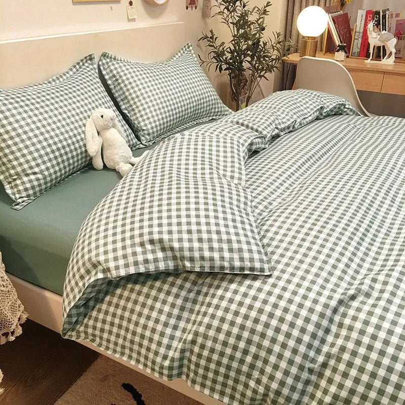 Blue Plaid Bedding Set Fashion Soft Bed Linen Single Full Queen Size Boys Girls Duvet Cover Flat Sheet Pillowcases Kit