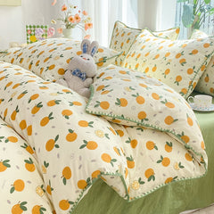 Cute Orange Bedding Sets ins Flower Duvet Cover Bed Sheet Soft Washed Cotton For Girl Single Size Bedspread