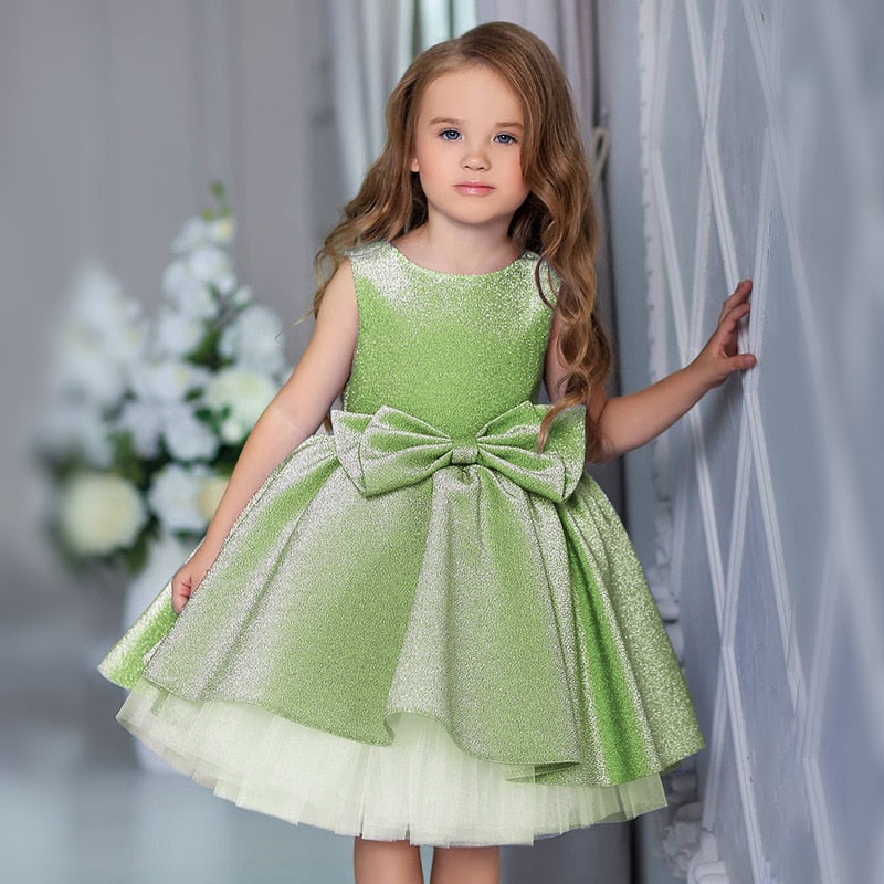 Qfdian Kids Formal Prom Shiny Girls Dresses for Weddings Bow Mesh Christmas Princess Costume Girl Birthday Party Gown 4-10 Year vestido