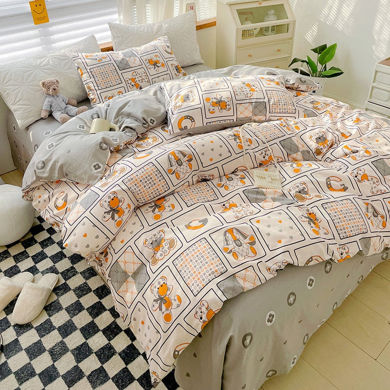 Ins Style Bedding Set Cotton Soft Flat Fitted Sheet Duvet Cover Pillowcase Floral Rabbit Boy Girls Home Textile Bedclothes