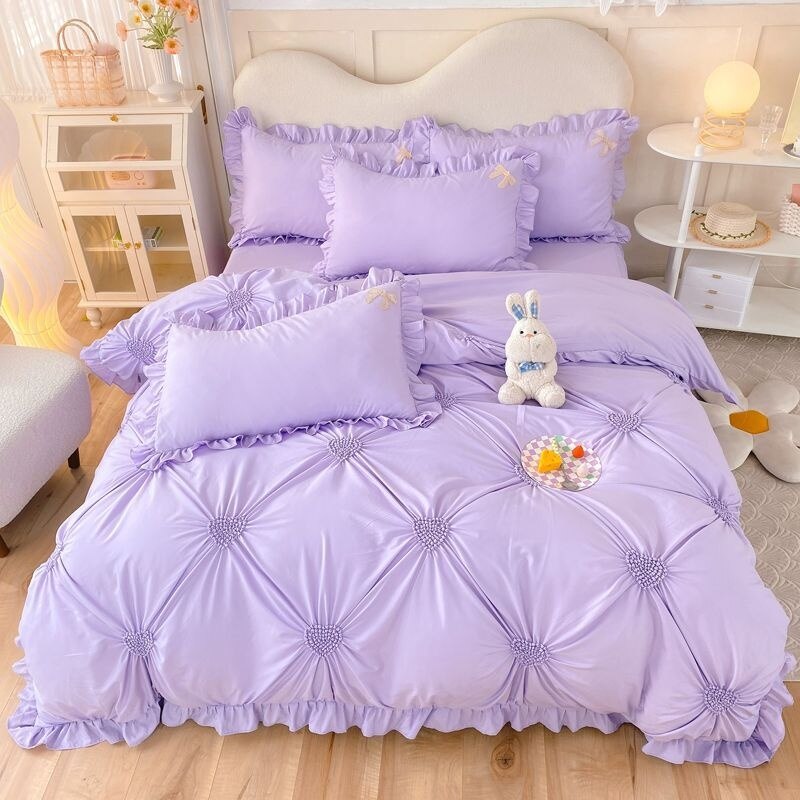 Korean Princess Duvet Cover Set Simple Solid Color Bedding Set Lace Ruffles Bed Skirt Sheets Gilr Quilt Cover Full Queen Size