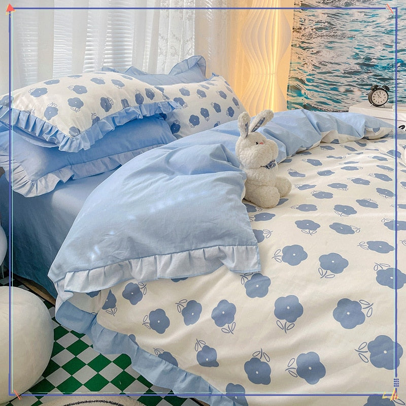 Lovely 100% Pure Cotton Bedding Set Full Size Cute Ruffles Single Doubel Duvet Cover Set Princess Girls Woman Cozy Bedding Sets