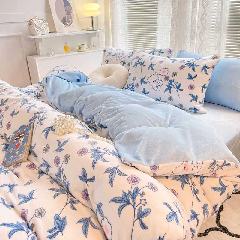 Soft Duvet Cover Flat Sheet Pillowcases Set Warm Short Plush Double Queen Size Bedding Boys Girls Cute Home Textile