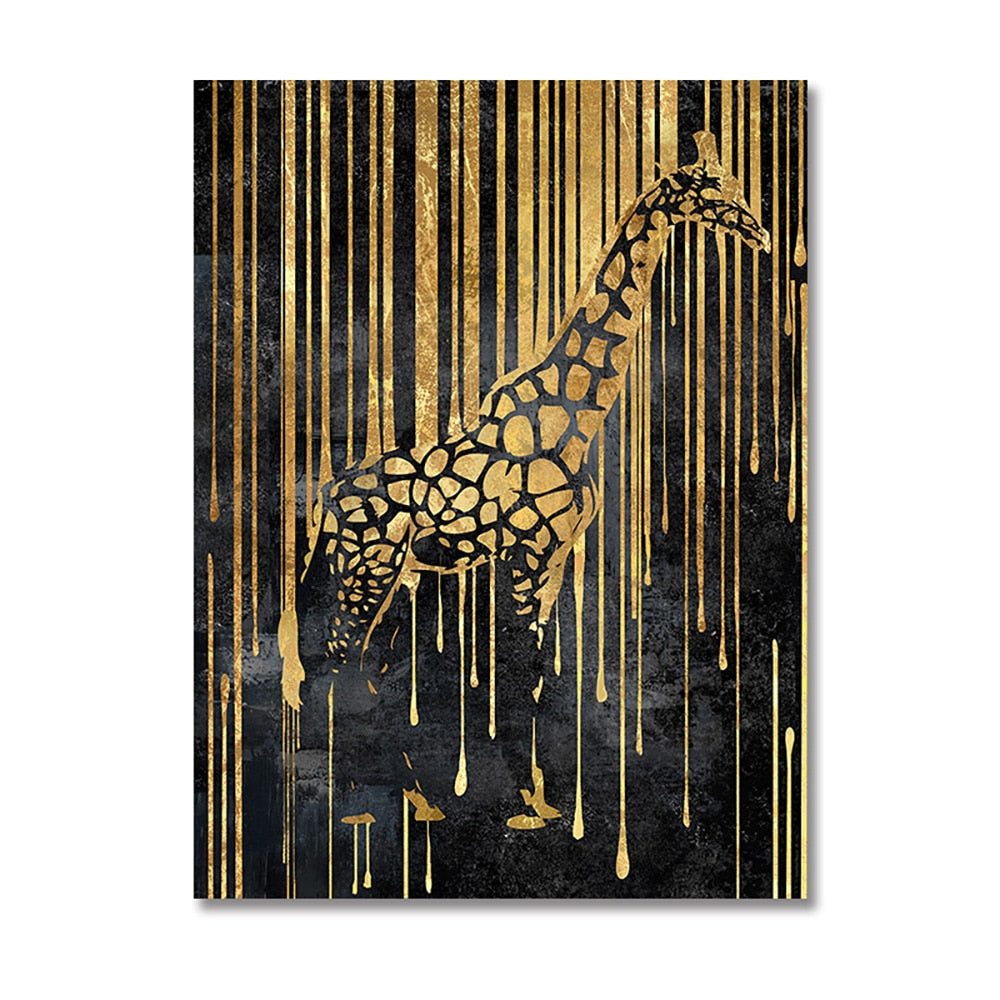 Black Golden Wall Art Canvas Painting Abstract  Lines Artwork Tiger Lions Elephant Animal Poster Prints Pictures For Home Decor