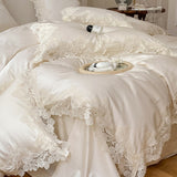 Luxury 600TC Cotton Bedding Set Princess Style Soft Lace Pillowcases Bed Sheet Duvet Cover Set 4pcs (Queen King Size,3 Colors)