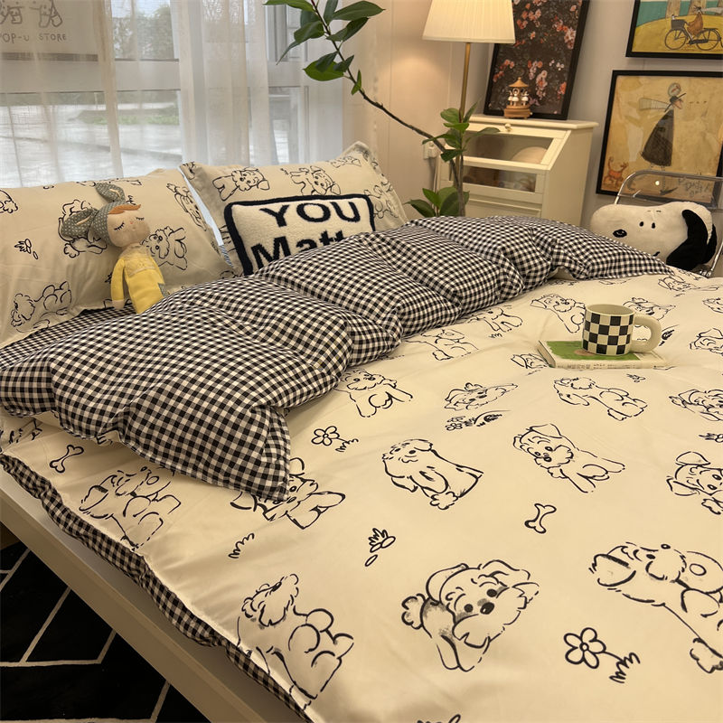 Kawaii Dog Bedding Set Flat Sheet Duvet Cover Pillowcase Boys Girls Single Double Full Size Bed Kids Black White Home Textile