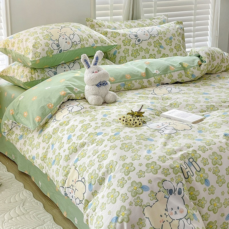 Ins Style Bedding Set Cotton Soft Flat Fitted Sheet Duvet Cover Pillowcase Floral Rabbit Boy Girls Home Textile Bedclothes