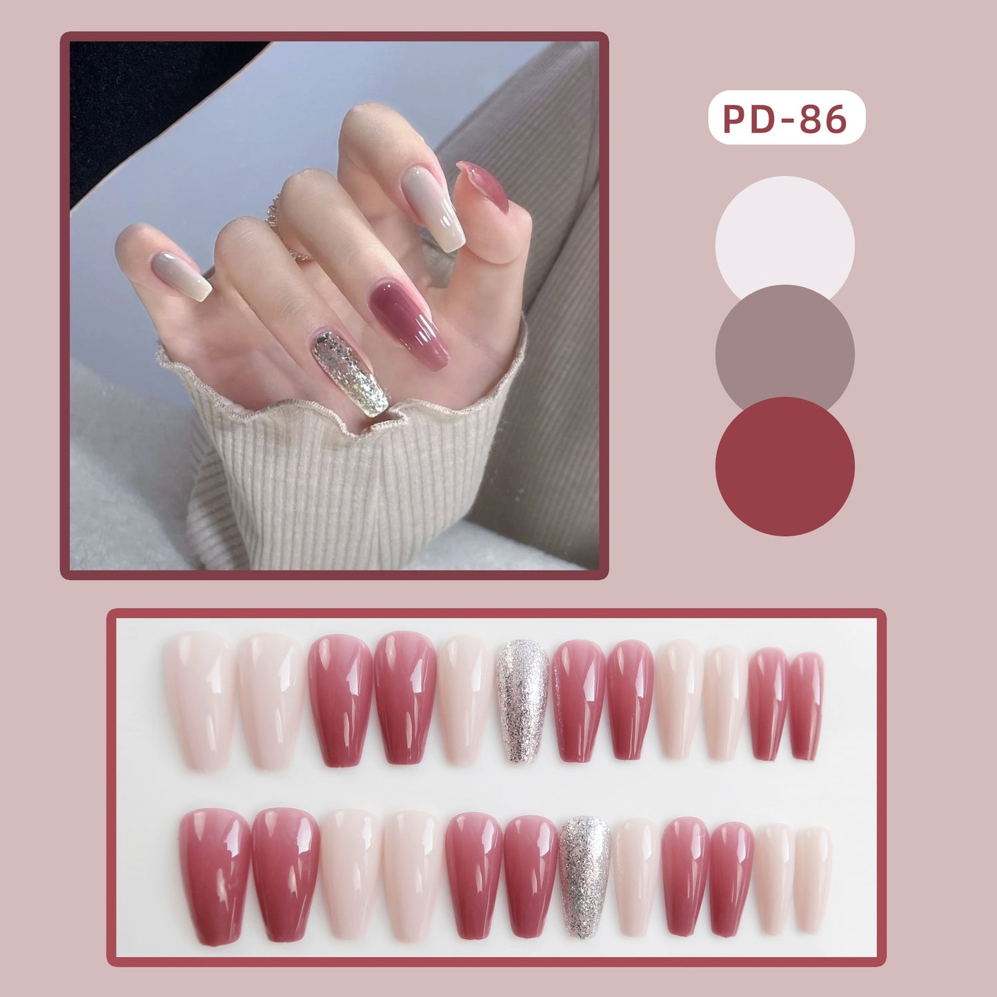 24Pcs Coffin Pink False Nails 3D Heart Diamond y2k Mid-length Fake Nails Full Finished Tulip Pattern Fake Nail Patches For Girls