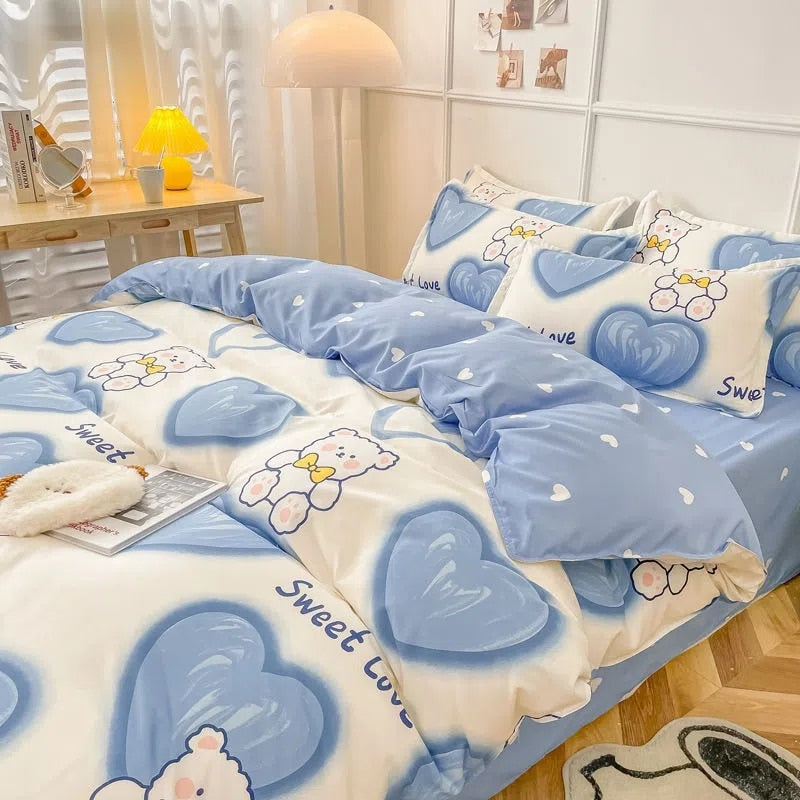 Boys Girls Bedding Set Fashion Adult Children Bed Linen Duvet Quilt Cover Pillowcase Cute Cartoon Bear Polyester Flat Sheets