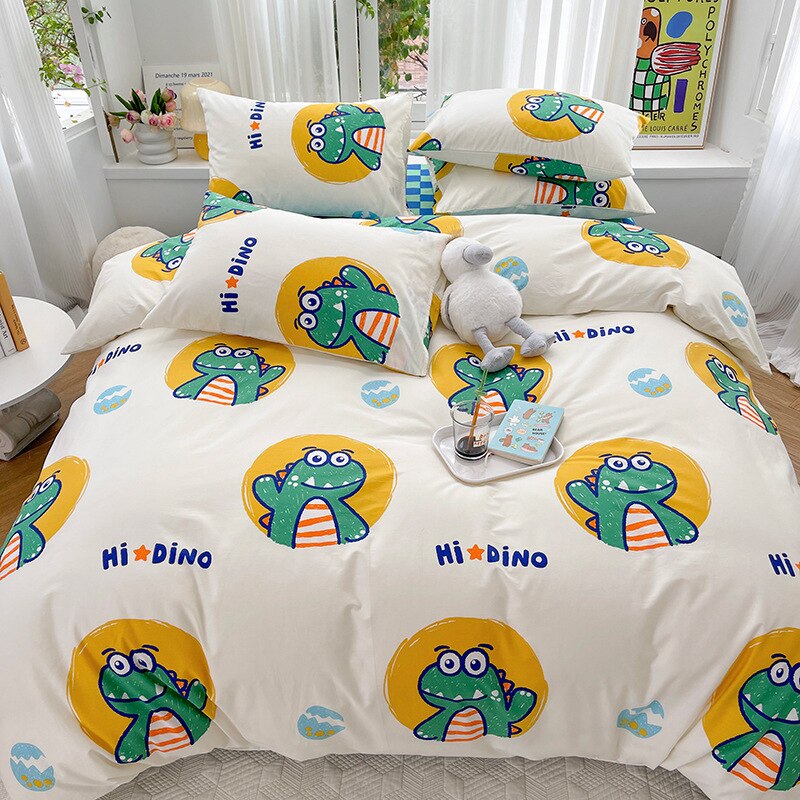 Kawaii Kids Bedding Set Soft Cotton Flat Fitted Sheet Duvet Cover Pillowcases Single Queen Cartoon Boy Girls Dormitory Bed Linen