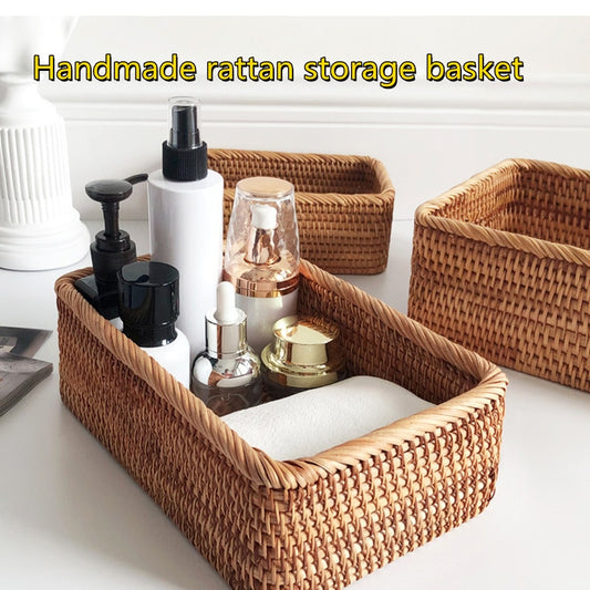 Qfdian home decor hot sale new Hand-woven Rattan Wicker Basket Fruit Tea Snack Bread Basket Cosmetic Rectangular Storage Box Household Kitchen Supplies