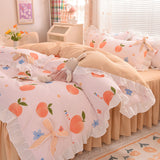 Ins Fashion Solid Bedding Set with Fitted Bed Sheet Cute Princess AB Double Sided Ruffle Quilt Cover Pillowcase Full Queen King