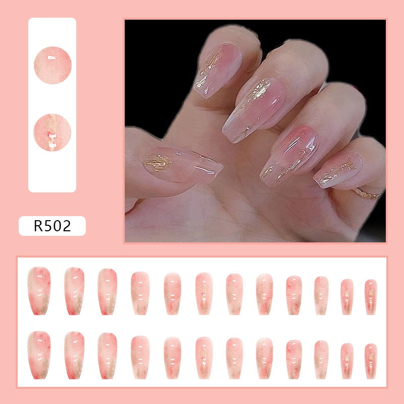 24PCS/Box 2023 New Artificial Nails With Glue Milky White Pink Gradients Long Ballet Full Cover Acrylic Nail Stick Fake Nail Tips