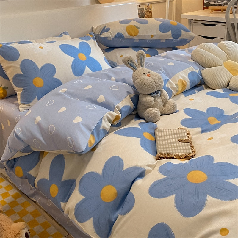 Qfdian Four Piece Bedding Set Cartoon Printed Cotton Bedsheets Set with Pillows Case Quilt Cover Three Piece Suit Home Textiles