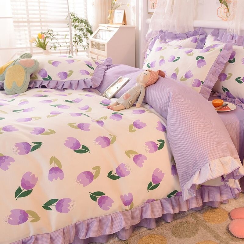 Purple Tulip Floral Printed Bedding Set Girl Princess Lace Duvet Cover Simple Flower Quilt Cover Bed Skirt Pillowcase