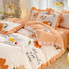 Purple Tulip Floral Printed Bedding Set Girl Princess Lace Duvet Cover Simple Flower Quilt Cover Bed Skirt Pillowcase