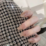 Qfdian 24pcs Fake Nails With Small Diamond Glue Type Long Paragraph Gradient Color Fashion Manicure Patch False Nails Press On Coffin