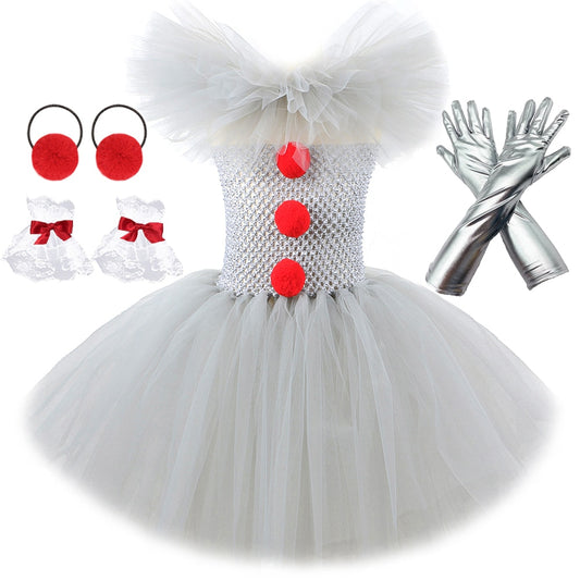 Qfdian halloween decorations halloween costumes halloween gift Gray Clown Tutu Dress for Girls Carnival Halloween Costume for Kids Girl Joker Cosplay Tulle Outfit Children Party Scary Clothes