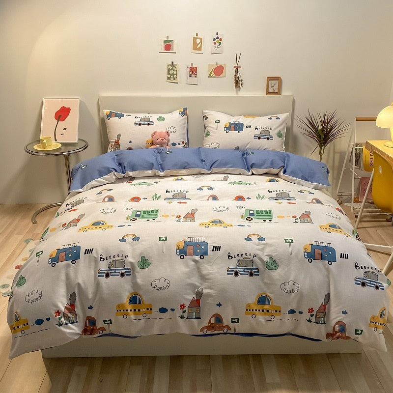 Kawaii Kids Bedding Set Soft Cotton Flat Fitted Sheet Duvet Cover Pillowcases Single Queen Cartoon Boy Girls Dormitory Bed Linen