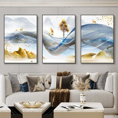 Qfdian 3 Pieces Nordic Luxury Ribbon Abstract Landscape Wall Art Canvas Paintings Modern Gold Deer Poster Print Picture for Home Decor