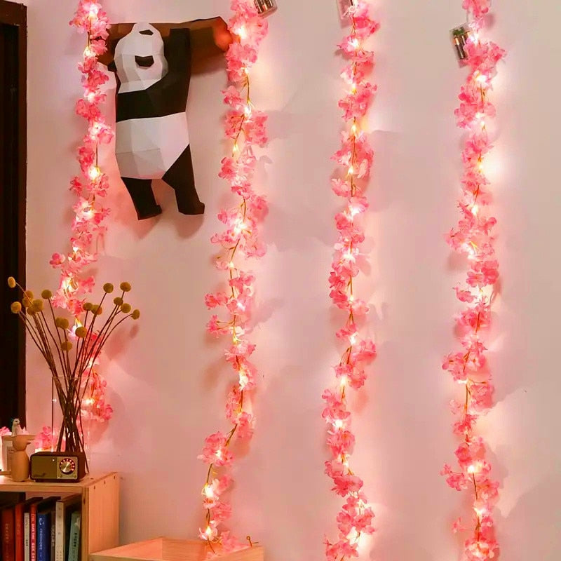 Flower Cherry Leaf String Lights Artificial Vine Fairy Lights Battery Power Christmas Tree Garland Light for Weeding Home Decor