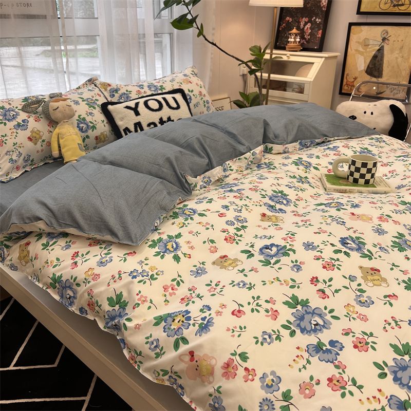 Cute Rabbit Bedding Set with Duvet Cover Flat Sheet Pillowcases Twin Double Queen Size Bed Linen Floral Home Textile