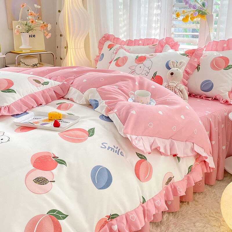 Purple Tulip Floral Printed Bedding Set Girl Princess Lace Duvet Cover Simple Flower Quilt Cover Bed Skirt Pillowcase