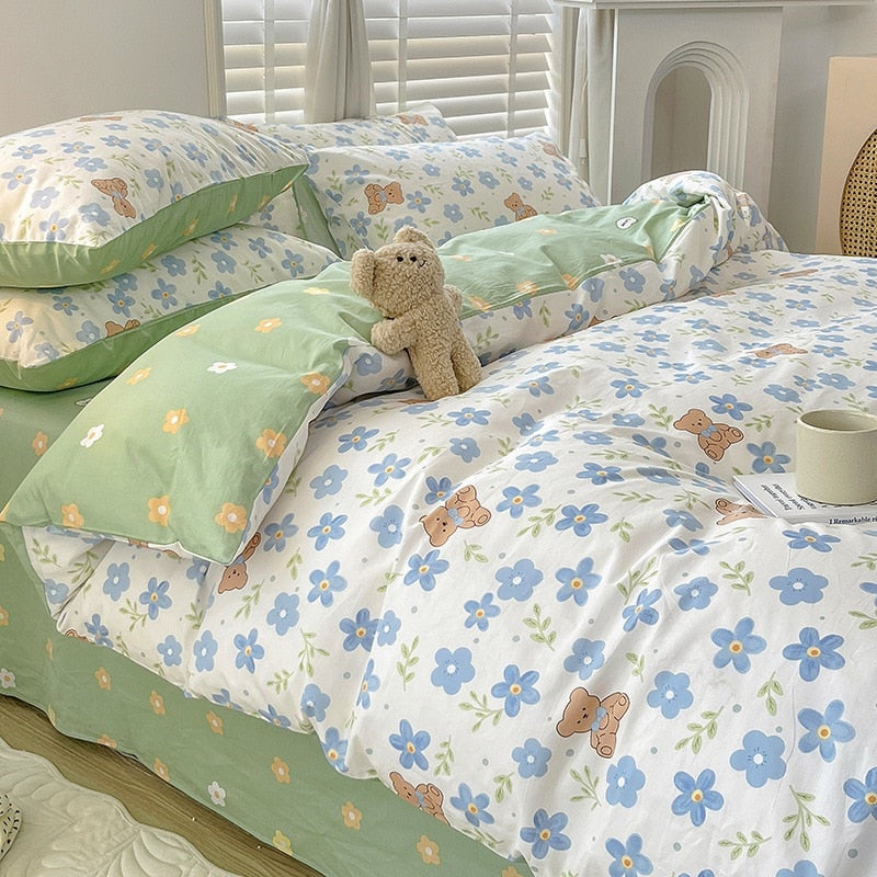 Cotton Bedding Set Pastoral Style Floral Bear Fitted Sheet Duvet Cover Pillowcase Fashion Cartoon Boy Girls Dormitory Bedclothes