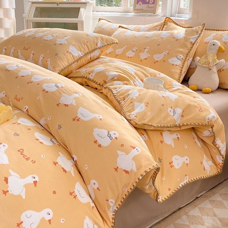 Cute Orange Bedding Sets ins Flower Duvet Cover Bed Sheet Soft Washed Cotton For Girl Single Size Bedspread