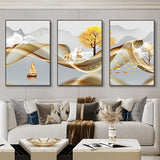 Qfdian 3 Pieces Nordic Luxury Ribbon Abstract Landscape Wall Art Canvas Paintings Modern Gold Deer Poster Print Picture for Home Decor