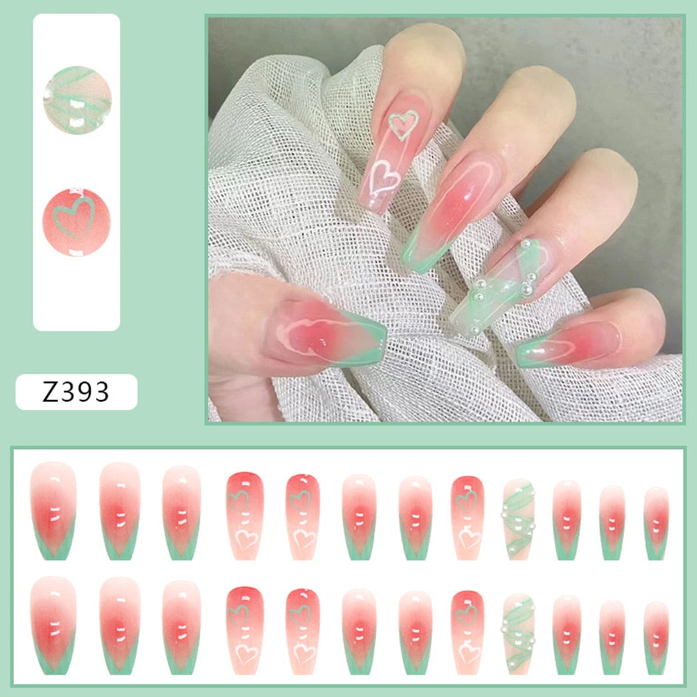 24Pcs Coffin Pink False Nails 3D Heart Diamond y2k Mid-length Fake Nails Full Finished Tulip Pattern Fake Nail Patches For Girls