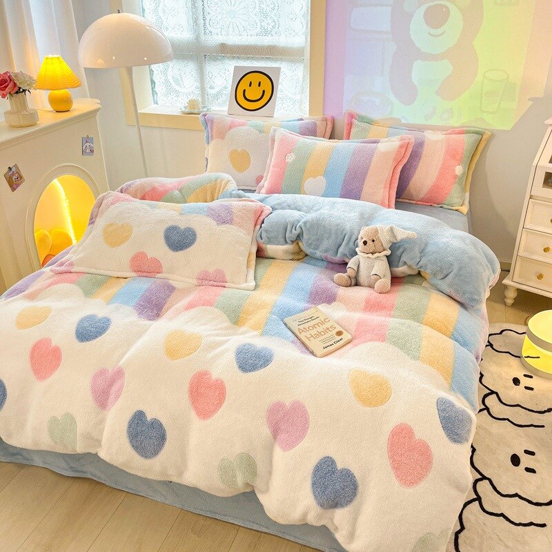 Winter Thick Warm Plush Comforter Cover Queen Bedding Sets Cartoon Quilt Cover Bed Sheet Pillowcase 4pcs Luxury Bed Linens