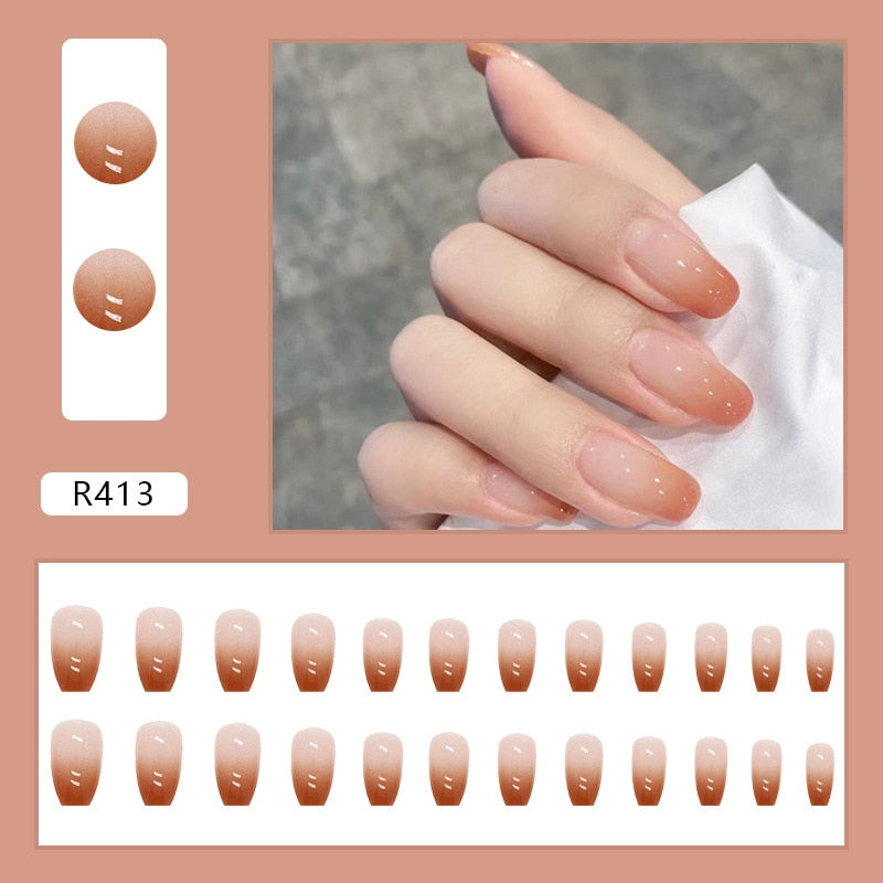 24PCS/Box 2023 New Artificial Nails With Glue Milky White Pink Gradients Long Ballet Full Cover Acrylic Nail Stick Fake Nail Tips