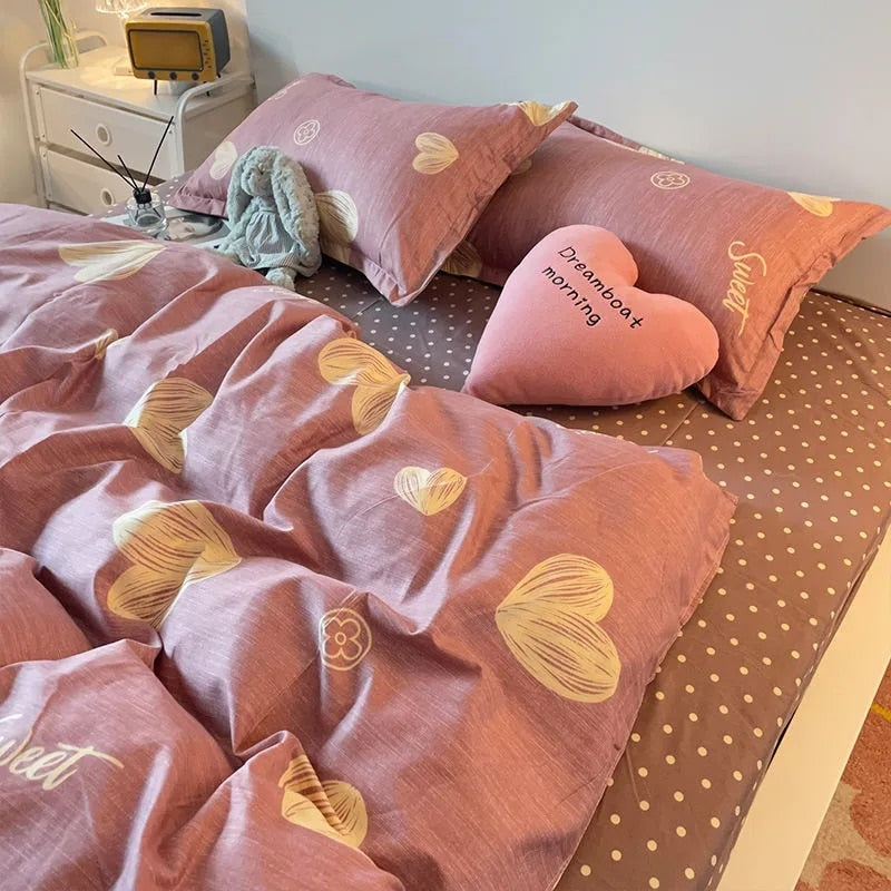 Qfdian Ins Princess Pink Heart Duvet Cover Home Textile Pillow Case Bed Sheet Kids Girls Bedding Covers Set King Queen Twin Cute Kawaii