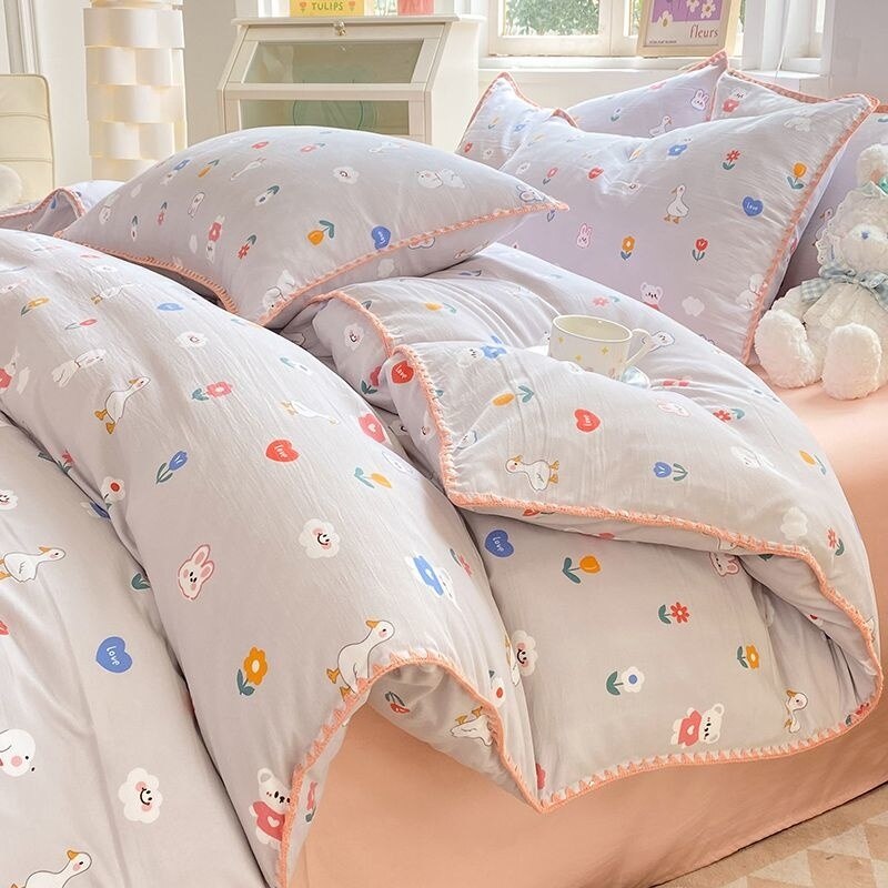 Cute Orange Bedding Sets ins Flower Duvet Cover Bed Sheet Soft Washed Cotton For Girl Single Size Bedspread