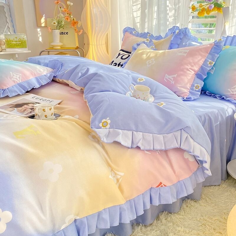 Purple Tulip Floral Printed Bedding Set Girl Princess Lace Duvet Cover Simple Flower Quilt Cover Bed Skirt Pillowcase