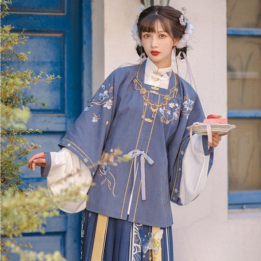 Women's Ming Dynasty Hanfu Ancient Costume Traditional Chinese Fairy Exquisite Embroidery Cardigan Retro Skirt 3 Pc Girl's Set