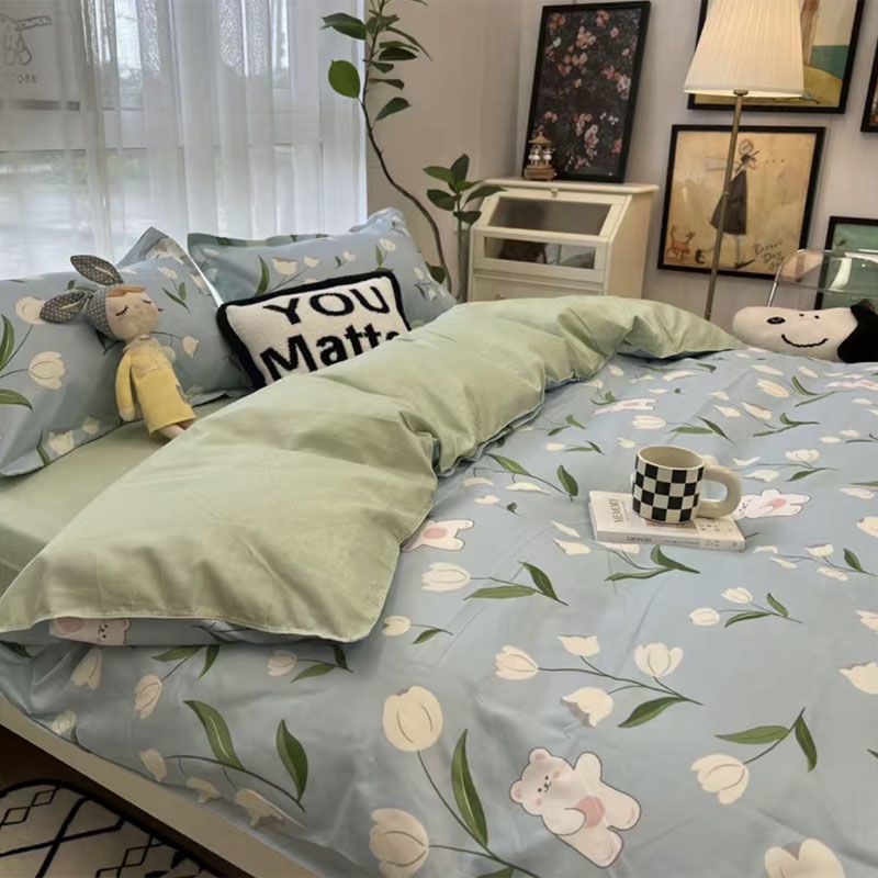 Fashion Bedding Set Kawaii Bear Boys Girls Duvet Cover Flat Sheet Pillowcase 2023 Spring Soft Single Double Size Bed Linen