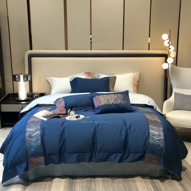 High End 100s Long Staple Cotton Bedding Set Queen Embroidery 100% Cotton Duvet Cover Set with Bed Sheets Quilt Cover Pillowcase