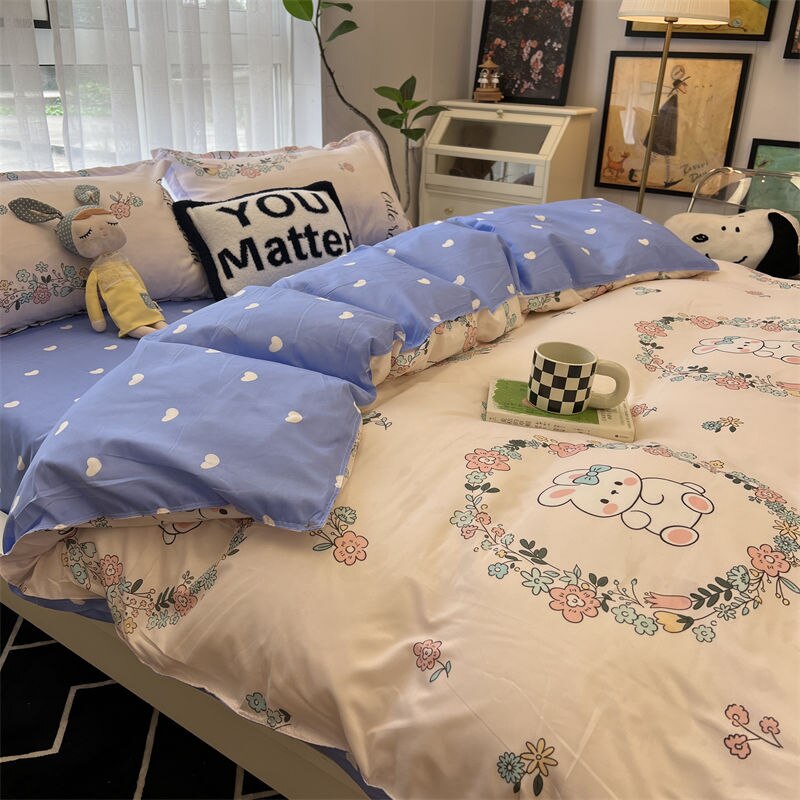 Cute Rabbit Bedding Set with Duvet Cover Flat Sheet Pillowcases Twin Double Queen Size Bed Linen Floral Home Textile