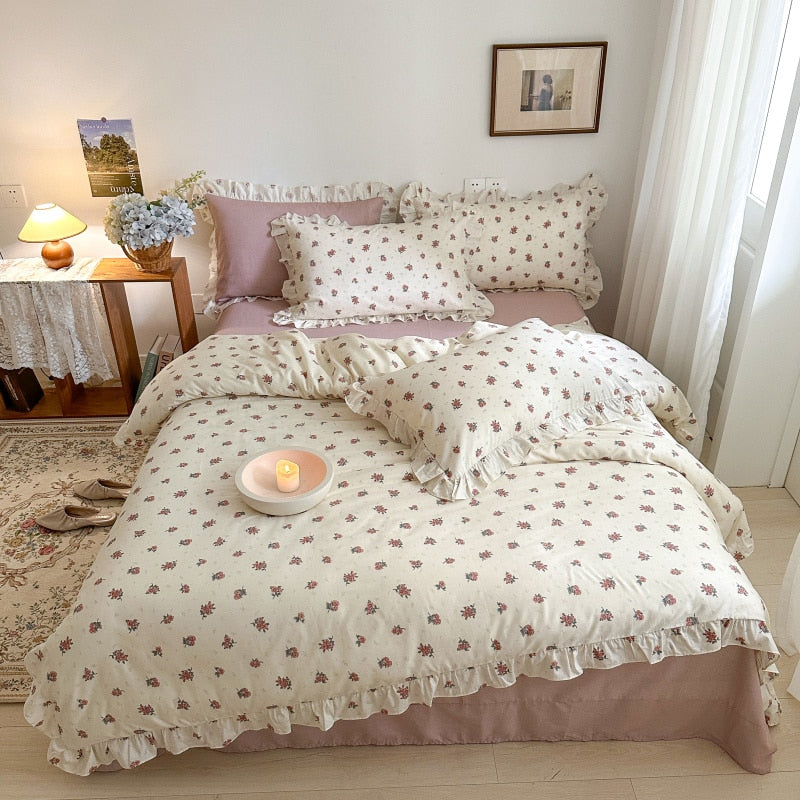 Qfdian 100% Cotton Small Floral Printed Lace Ruffle Bedding Set Simple Fresh Flower Single Duvet Cover Set Bed Linen Set Pillowcases