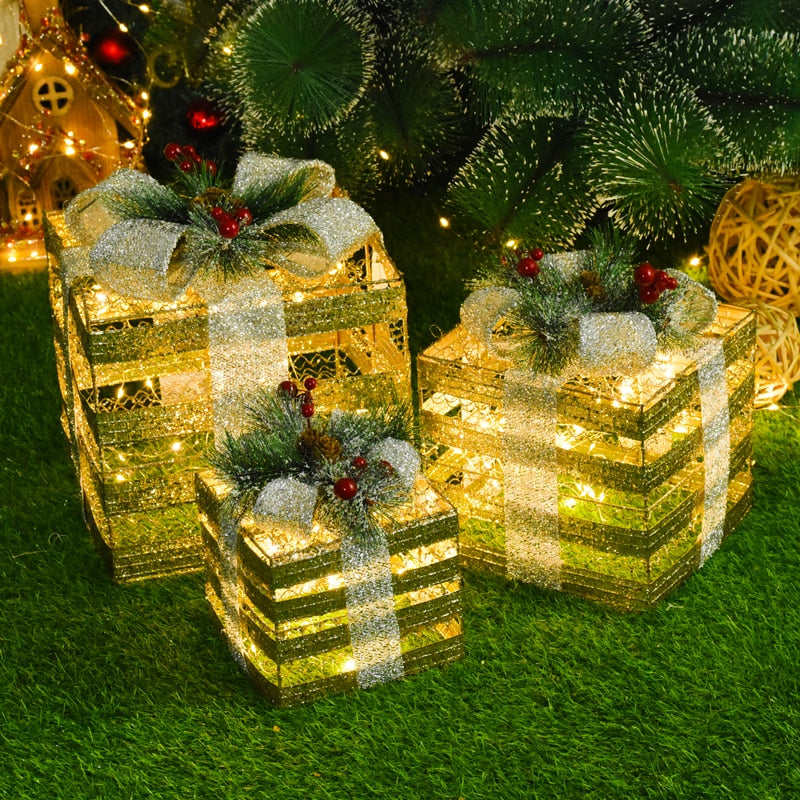 Qfdian Christmas Decoration Three-piece Gift Box Christmas Tree Ornaments Luminous Iron Art Home Outdoor Christmas Decorations Mall