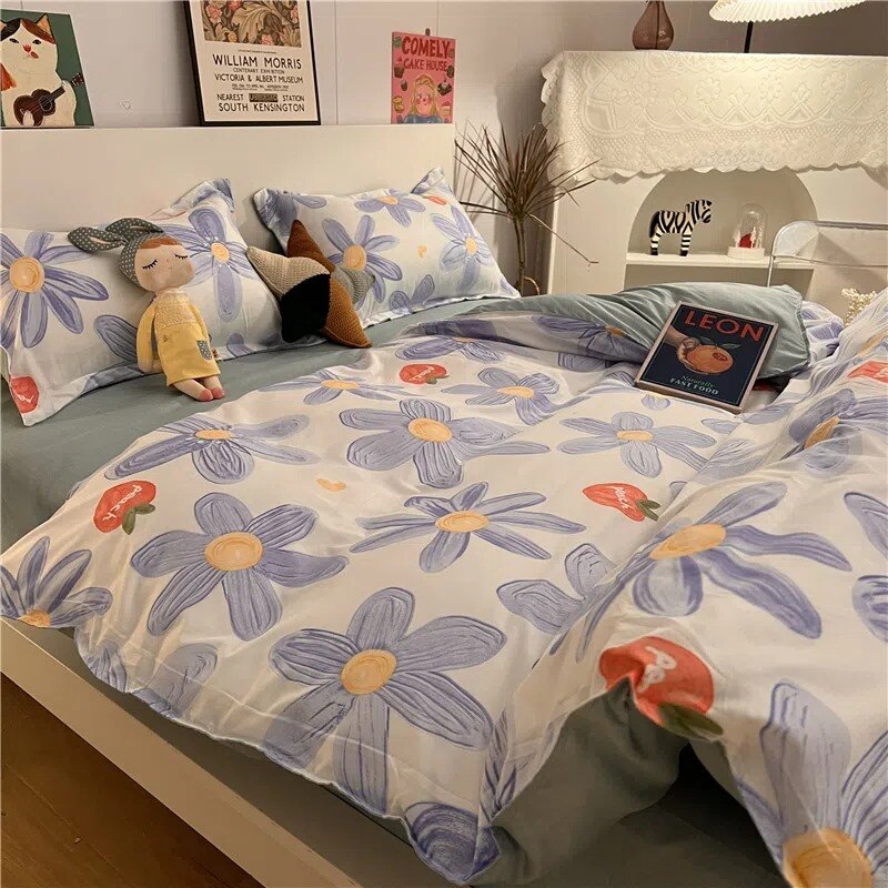 Cute Rabbit Bedding Set with Duvet Cover Flat Sheet Pillowcases Twin Double Queen Size Bed Linen Floral Home Textile