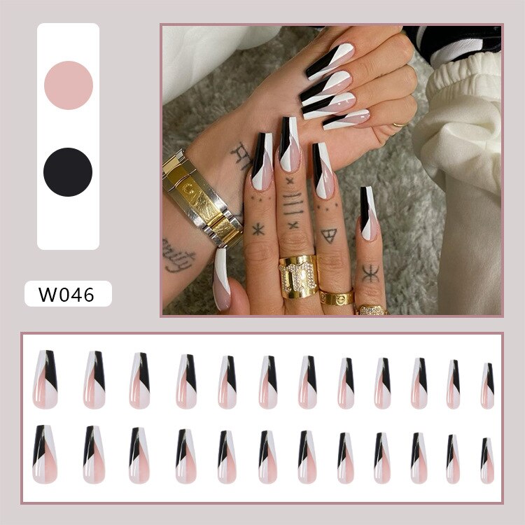 Qfdian gifts for women hot sale new 24pcs/box Fake Nails With Design Tai Chi White Black Full Cover Acrylic Press On Fake Nails Sets With Glue Long Artifical Nails