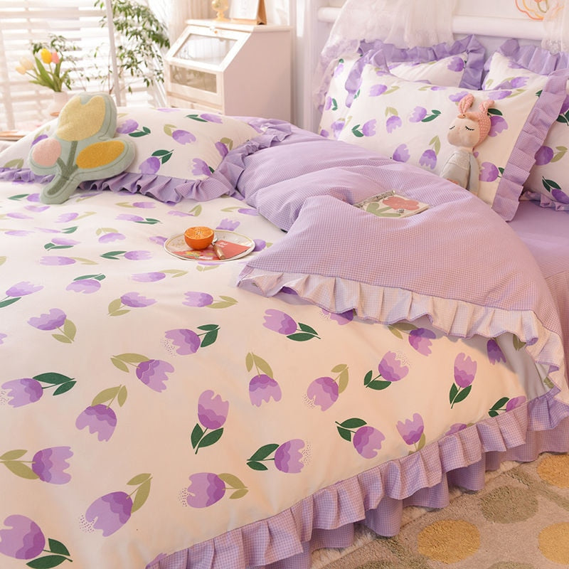 Purple Tulip Floral Printed Bedding Set Girl Princess Lace Duvet Cover Simple Flower Quilt Cover Bed Skirt Pillowcase