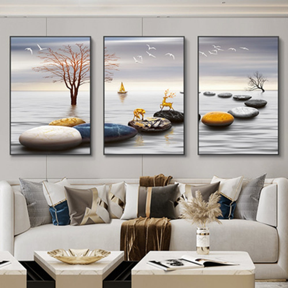 Qfdian 3 Pieces Nordic Luxury Ribbon Abstract Landscape Wall Art Canvas Paintings Modern Gold Deer Poster Print Picture for Home Decor